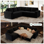HONBAY Modular Sectional Sleeper Sofa with Pull Out Bed,Corduroy L Shaped Couch with Storage, Sectional Couches for Living Room,Black