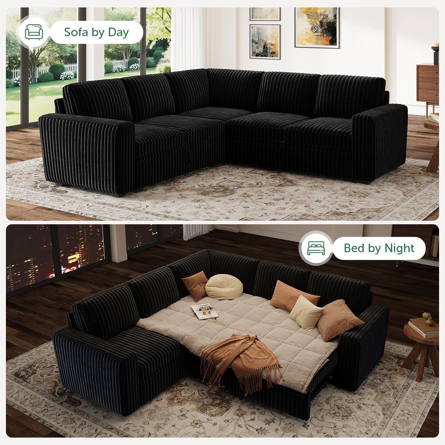 HONBAY Modular Sectional Sleeper Sofa with Pull Out Bed,Corduroy L Shaped Couch with Storage, Sectional Couches for Living Room,Black