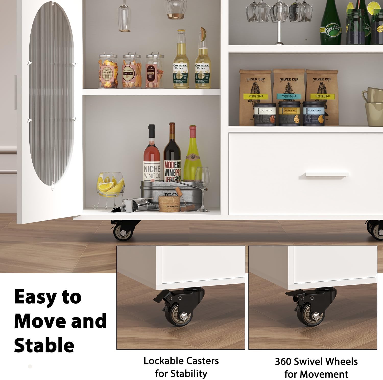 HSH 72.4” Rolling Kitchen Island with Swivel Table, Storage Cabinet, Drawers & Shelves, White Modern Mobile Island Cart on Wheels, Farmhouse Wood Island Table for Kitchen, Dining Room, Home Bar