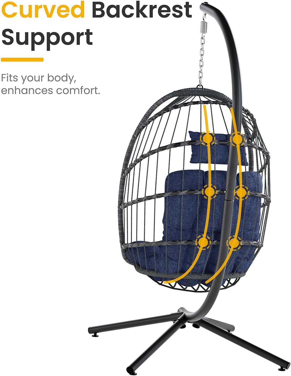 Hanging Egg Chair with Stand, Indoor Outdoor Wicker Patio Egg Swing Chair with Cushion for 350LBS Capacity, Hanging Hammock Chair for Bedroom, Garden, Porch - Dark Blue