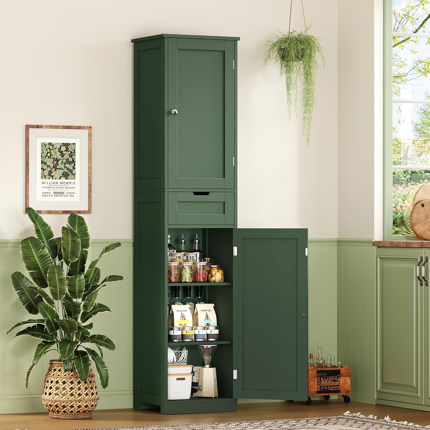 Iwell Tall Bathroom Storage Cabinet with 2 Doors & 1 Drawer, Narrow Storage Cabinet with Adjustable Shelves, for Living Room, Bathroom, Kitchen, Forest Green
