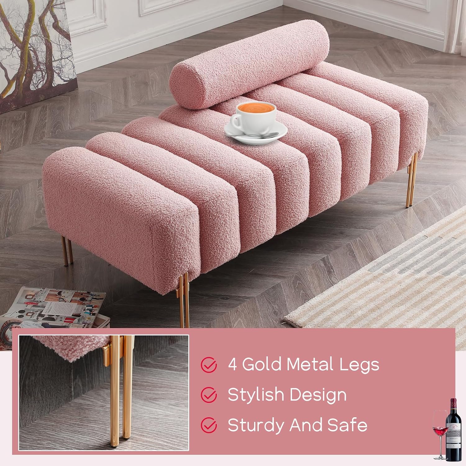 NIOIIKIT 53.2" Modern Loveseat Sofa Couch, Upholstered Accent Sofa with Golden Legs and Adjustable Backrest, Small Teddy Fleece Couches for Bedroom, Living Room, Compact Small Space (Pink Teddy)