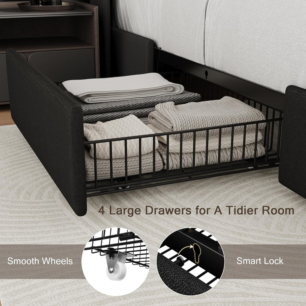 Queen Bed Frame with 4 Storage Drawers and Charging Station, Upholstered Platform Bed Frame with Storage Headboard, No Box Spring Needed, Easy Assembly, Black