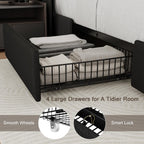 Queen Bed Frame with 4 Storage Drawers and Charging Station, Upholstered Platform Bed Frame with Storage Headboard, No Box Spring Needed, Easy Assembly, Black