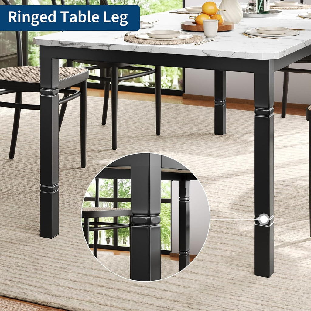 Garvee Large Dining Table for 6-8 People, 79" Wooden Kitchen Table with Sturdy Metal Frame, Dining Room Table for Dining Room, Kitchen, Black Leg & Marble White