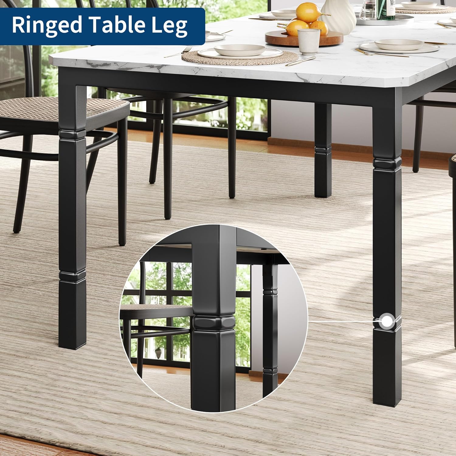 Garvee Large Dining Table for 6-8 People, 79" Wooden Kitchen Table with Sturdy Metal Frame, Dining Room Table for Dining Room, Kitchen, Black Leg & Marble White