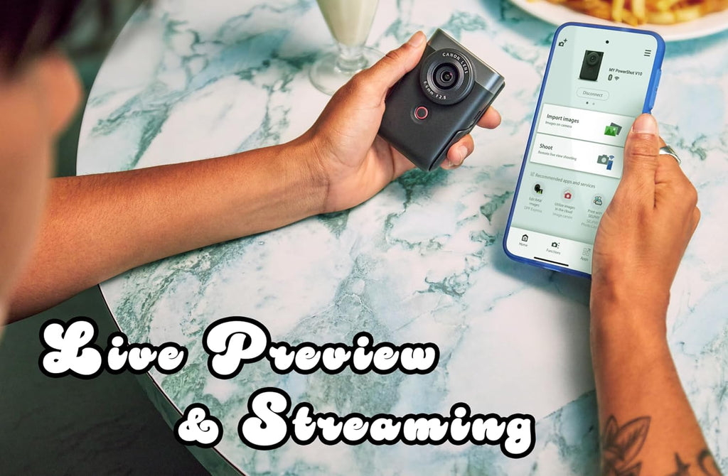 Canon PowerShot V10 Compact Vlogging Camera  1" CMOS Sensor  4K Video Streaming  Built‑in Wide‑Angle Zoom Lens  Flip‑LCD & Stereo Mic  Image Stabilization  Creator Studio in Your Pocket  Black