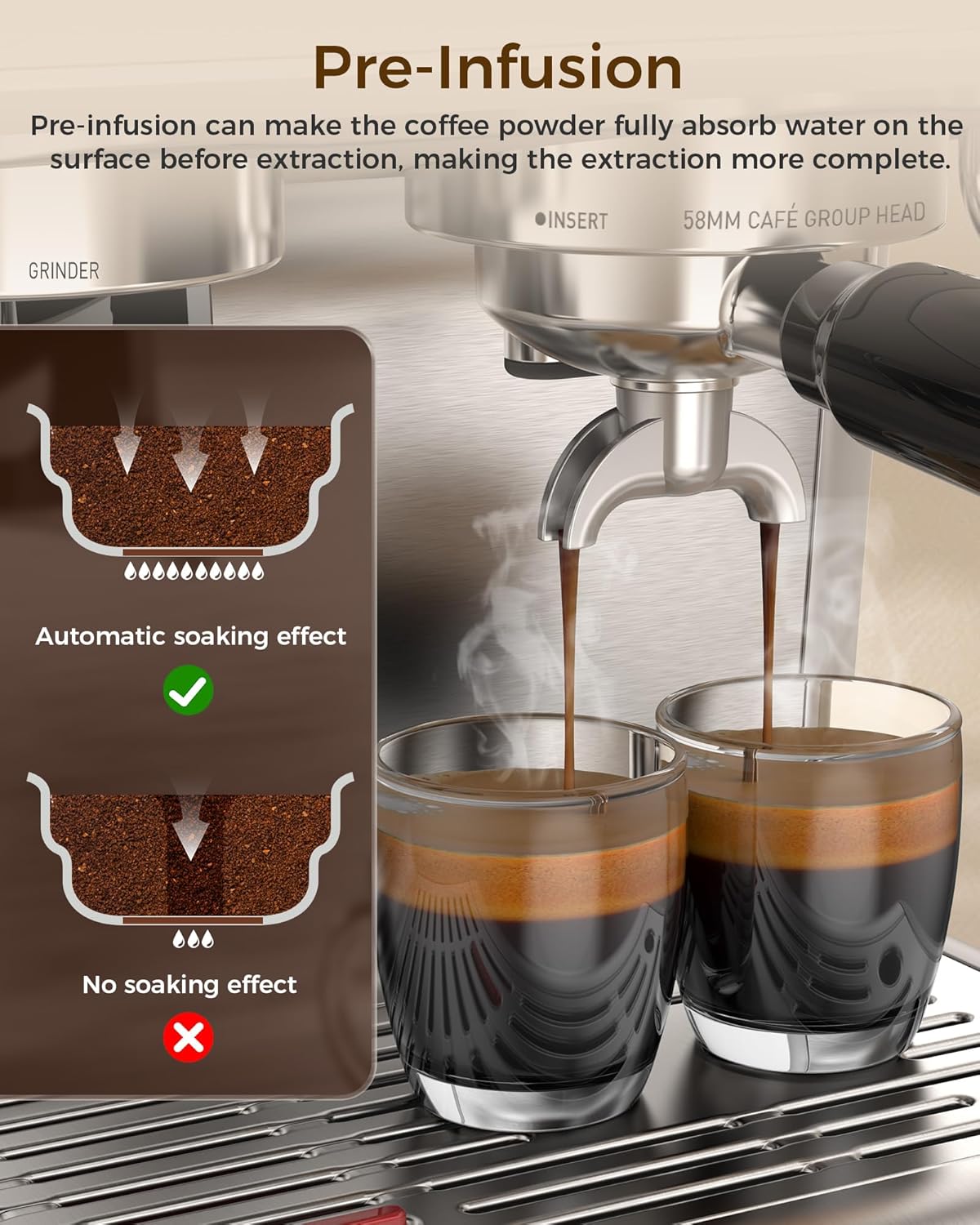 20 Bar Espresso Machine with Grinder & Milk Frother Steam Wand, 58mm Expresso Coffee machines, Stainless Steel Coffee Maker for Cappuccino and Latte, Perfect for Home and Café Use