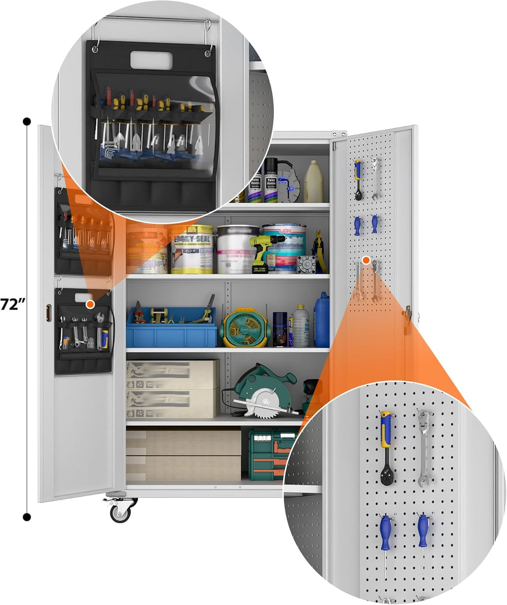 Aobabo Extra Large Garage Storage Cabinet on Wheels, Metal Storage Cabinets with 4 Adjustable Shelves, 3 Pegboards and 2 Tool Pouches for Home Office Stash, Assembly Required