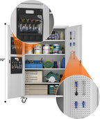 Aobabo Extra Large Garage Storage Cabinet on Wheels, Metal Storage Cabinets with 4 Adjustable Shelves, 3 Pegboards and 2 Tool Pouches for Home Office Stash, Assembly Required