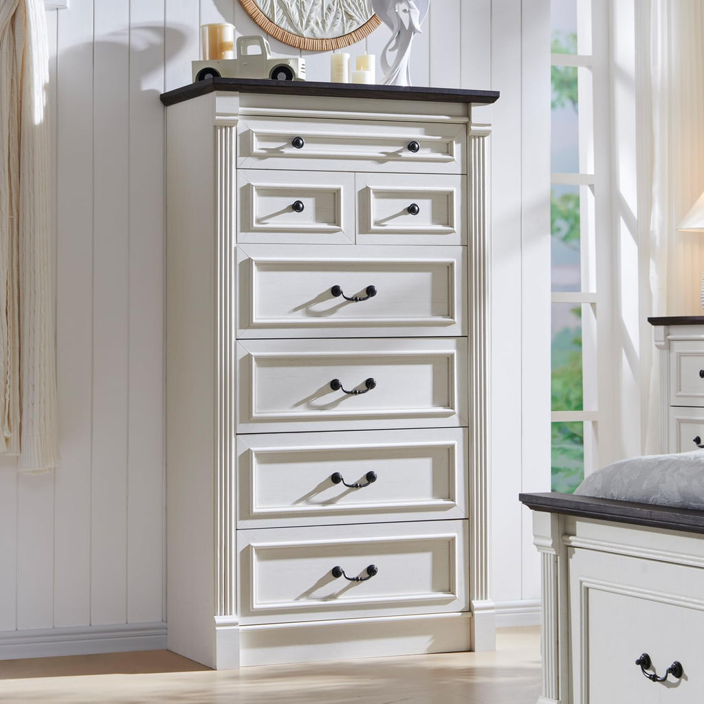 Farmhouse 7 Drawers Dresser for Bedroom, 57" Tall Dressers & Chests of Drawers w/Roman Column, Large Storage Dressers Organizer for Bedroom, Hallway, Living Room, White