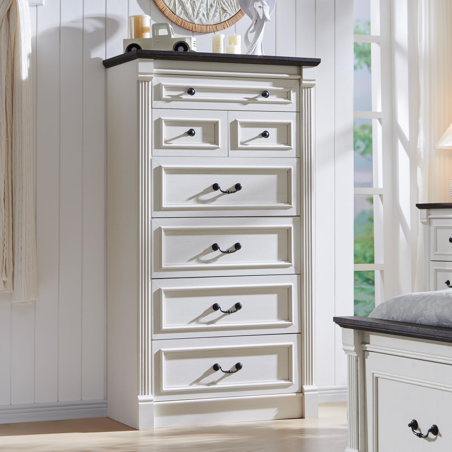 Farmhouse 7 Drawers Dresser for Bedroom, 57" Tall Dressers & Chests of Drawers w/Roman Column, Large Storage Dressers Organizer for Bedroom, Hallway, Living Room, White