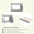 Merax Twin Over Twin Bunk Bed with Trundle, Storage Staircase and Full Length Guardrail, Solid Wood Stairway Bunk Bed, No Spring Box Needed (Grey)