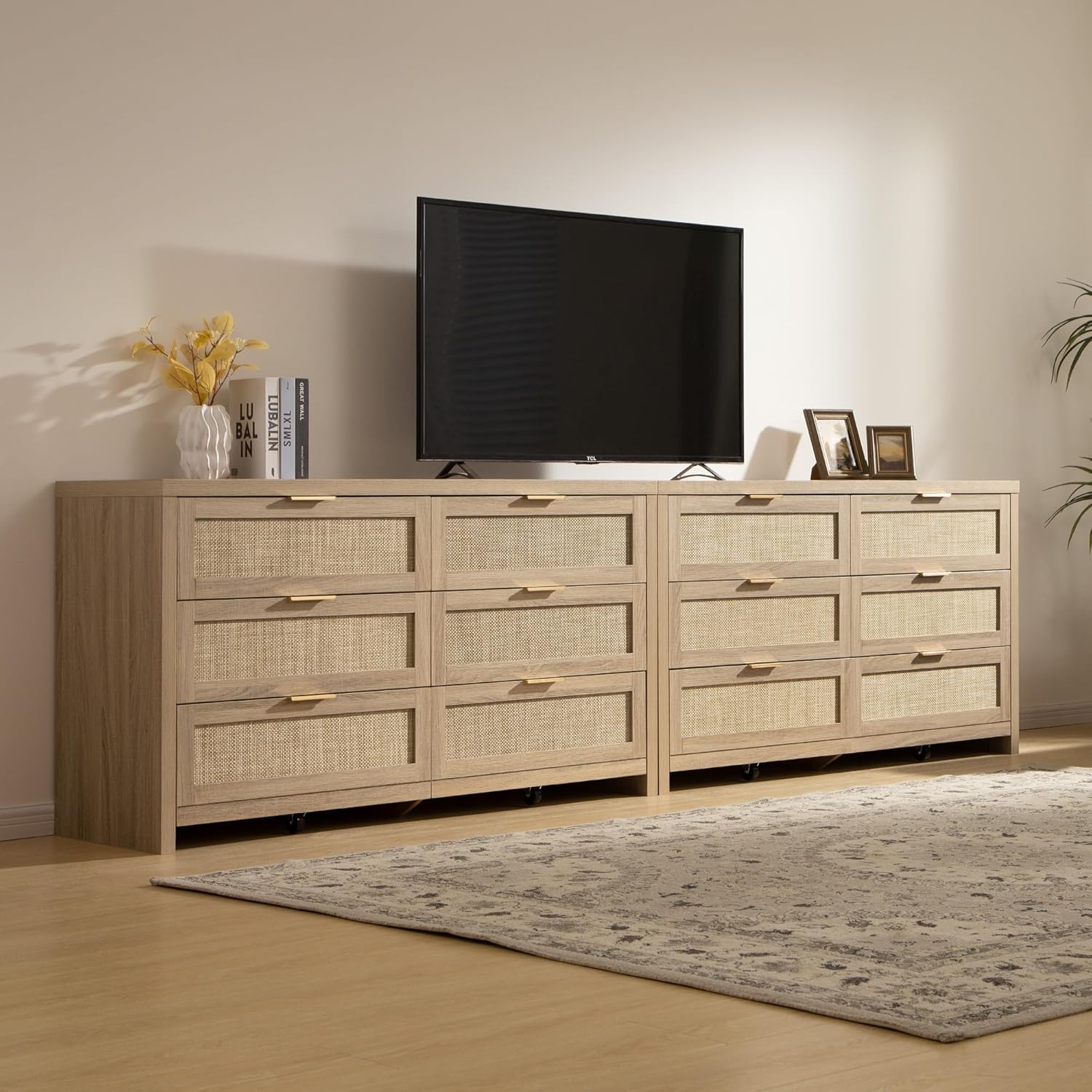 SICOTAS Rattan Dresser for Bedroom, 57" Wide 6 Drawer Dresser with Ample Storage, Dressers Large Chest of Drawers, Closet, Boho TV Stand for Bedroom (Reclaimed Light Oak, 1 Piece)
