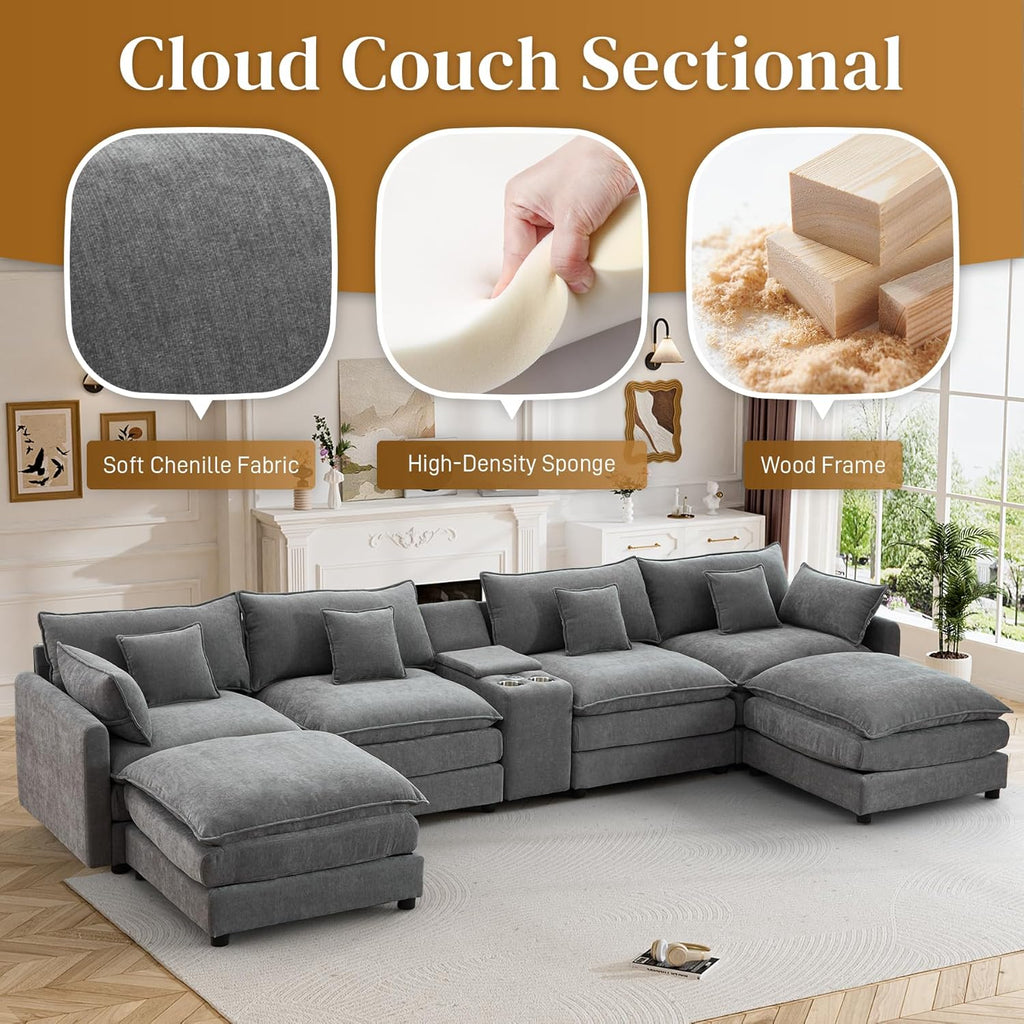 145" Cloud Couch Oversized U Shaped Grey Sectional Couches for Living Room, Big Soft Comfy Fluffy Chenille Couch Sectionals, Modular Sectional Sofa with Ottoman & Central Console