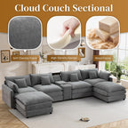 145" Cloud Couch Oversized U Shaped Grey Sectional Couches for Living Room, Big Soft Comfy Fluffy Chenille Couch Sectionals, Modular Sectional Sofa with Ottoman & Central Console