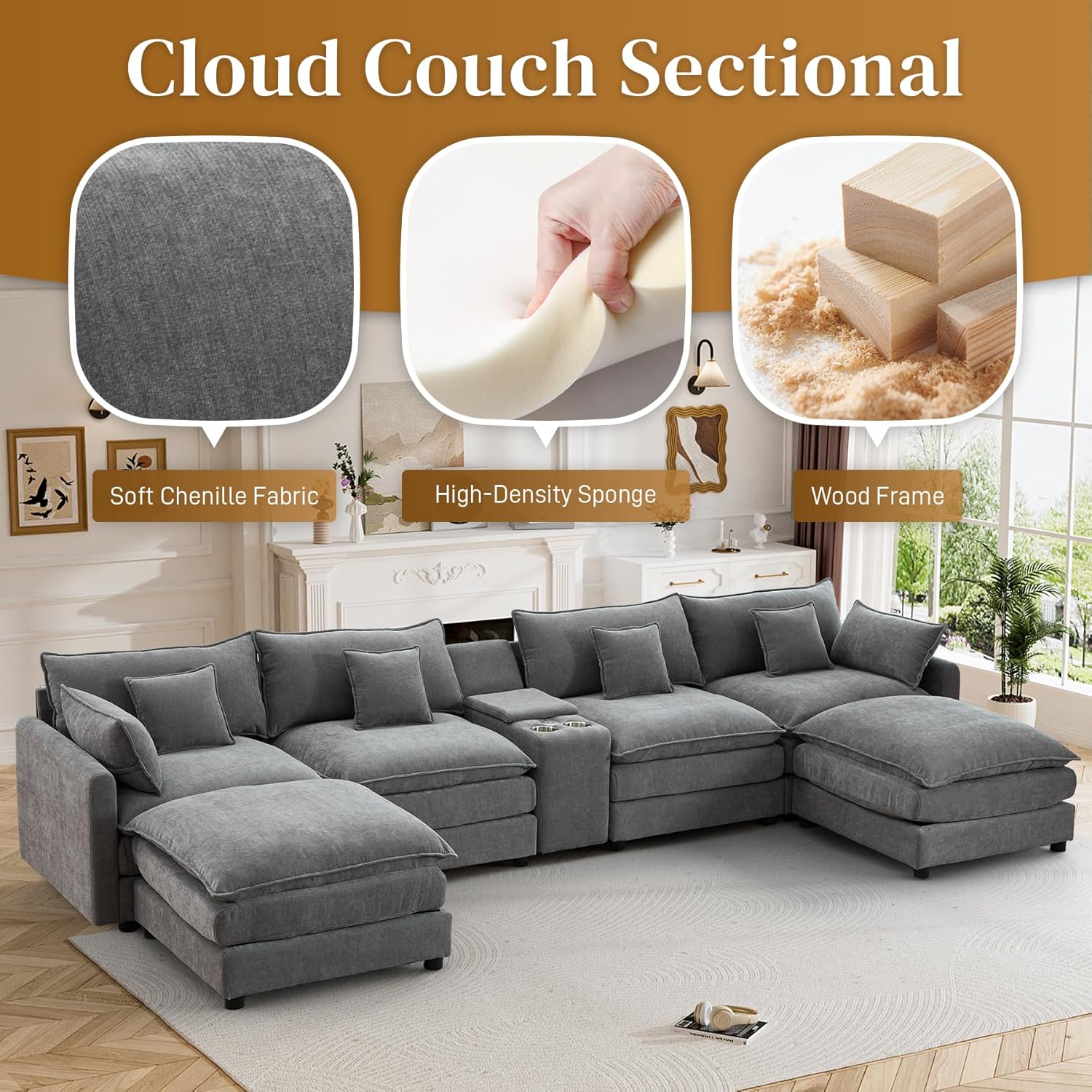145" Cloud Couch Oversized U Shaped Grey Sectional Couches for Living Room, Big Soft Comfy Fluffy Chenille Couch Sectionals, Modular Sectional Sofa with Ottoman & Central Console