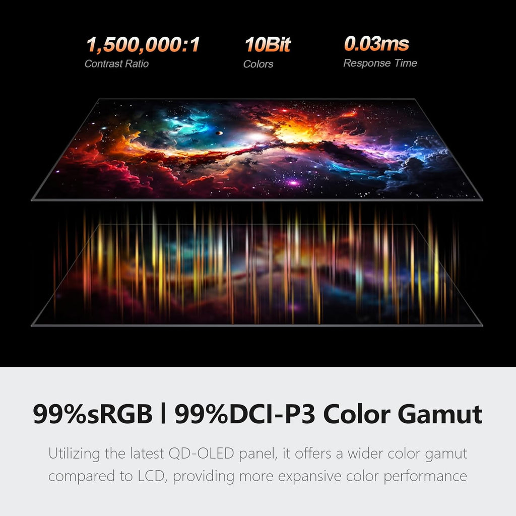 INNOCN 27" OLED 2K QHD 2560 x 1440p 500Hz Gaming Monitor  Gaming Console Ready  VRR  G-SYNC Compatible  HDR 500  0.03ms  FPS/RTS  HDMI 2.1  DP  Speaker  Pivot Adjustable Stand - GA27M1Q