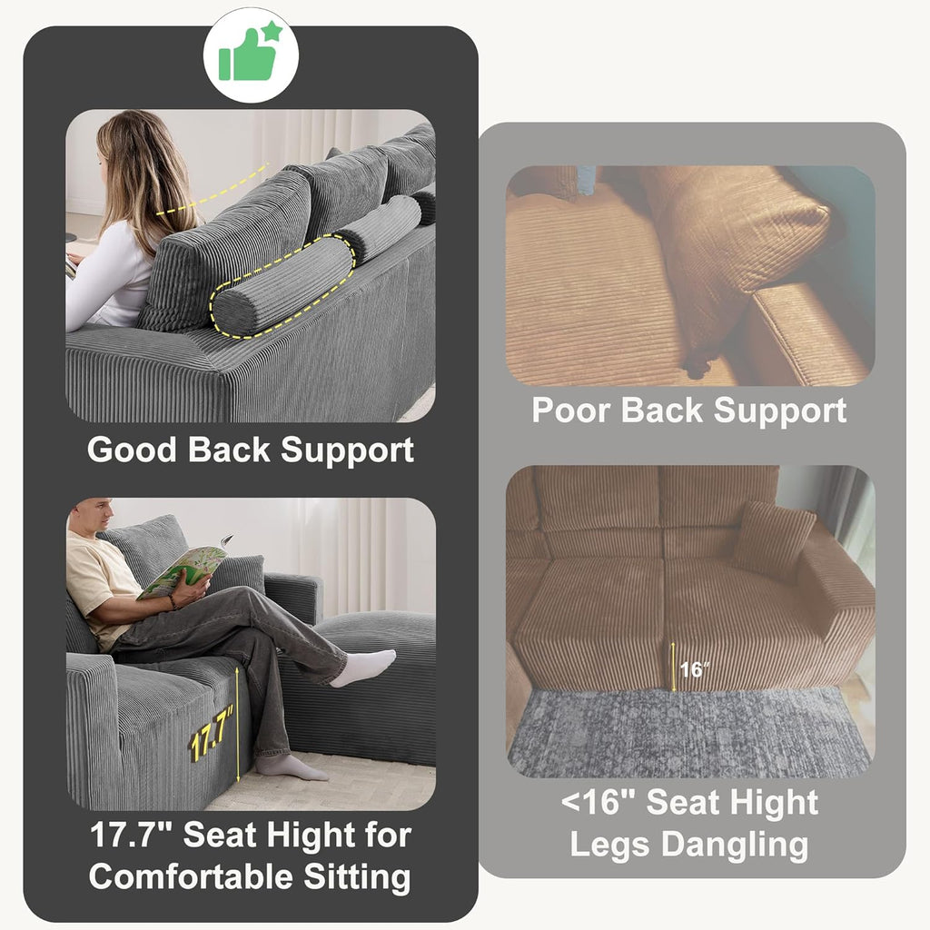 108" Modular Sectional Sofa, Compression Sofa with Deep Seat, Modular L-Shape Couch with Chaise, Upholstered Couches for Living Room Bedroom, No Assembly Required (Grey Corduroy, 108" L Shape)