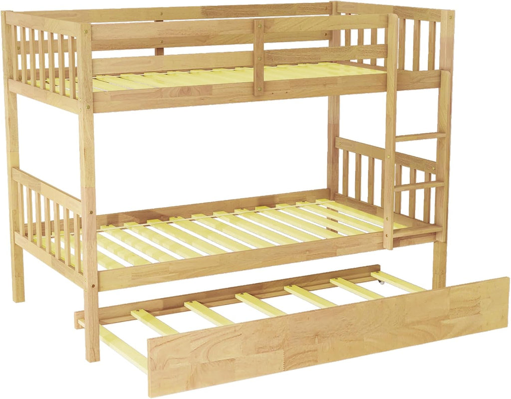 Harper & Bright Designs Convertible Wood Twin-Over-Twin Bunk Bed with Trundle and Ladder - Can Be Divided Into Two Platform Beds, White Oak