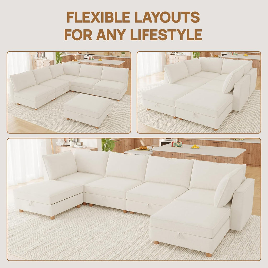 99" Chenille Modular Sectional Sofa Bed Hidden Storage, Convertible L U Shaped Sleeper Couch, 6 Seat Modern Modular Sectional Sofa with Washable Covers & Ottoman Chaise, for Living Room, Beige