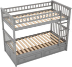Merax Twin Over Twin Bunk Bed with 2 Storage Drawers and Ladder, Can be Devided into 2 Beds, No Spring Box Needed, Grey