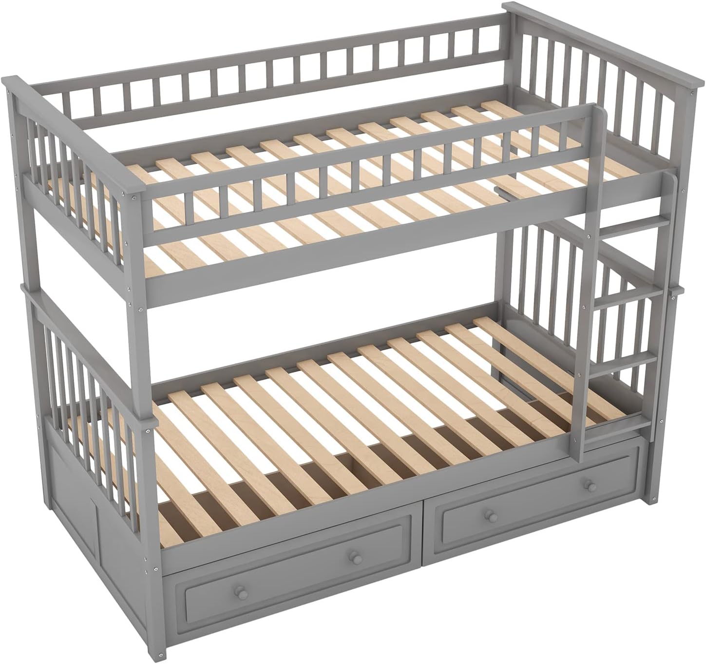 Merax Twin Over Twin Bunk Bed with 2 Storage Drawers and Ladder, Can be Devided into 2 Beds, No Spring Box Needed, Grey
