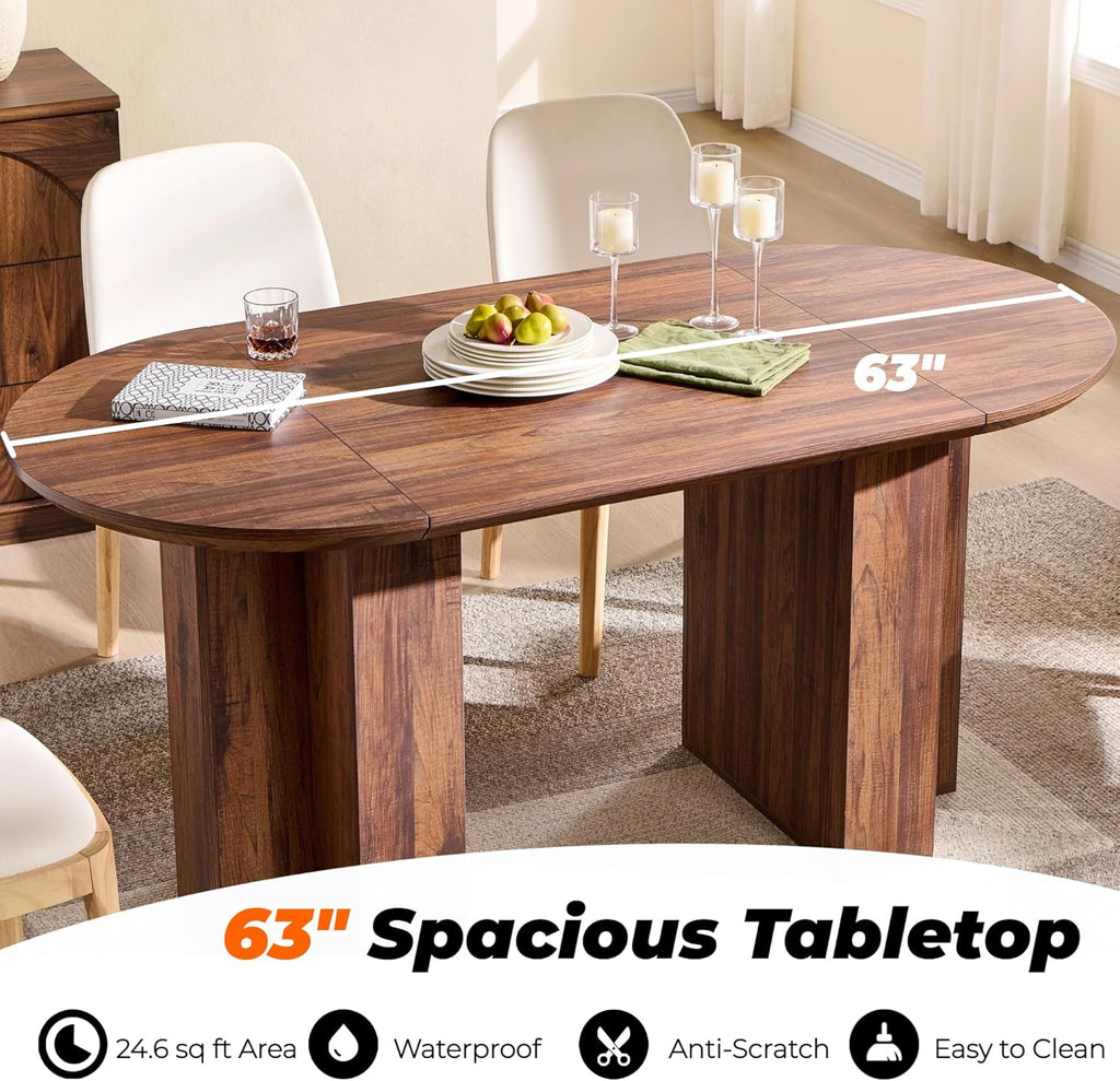 OKD 63 Inch Modern Wood Oval Dining Table for 4-6, Dining Room Table with Stable T-Shaped Base & Metal Frame & Thick Tabletop, Sturdy Kitchen Table for Dinner Room, Kitchen, Rustic Walnut