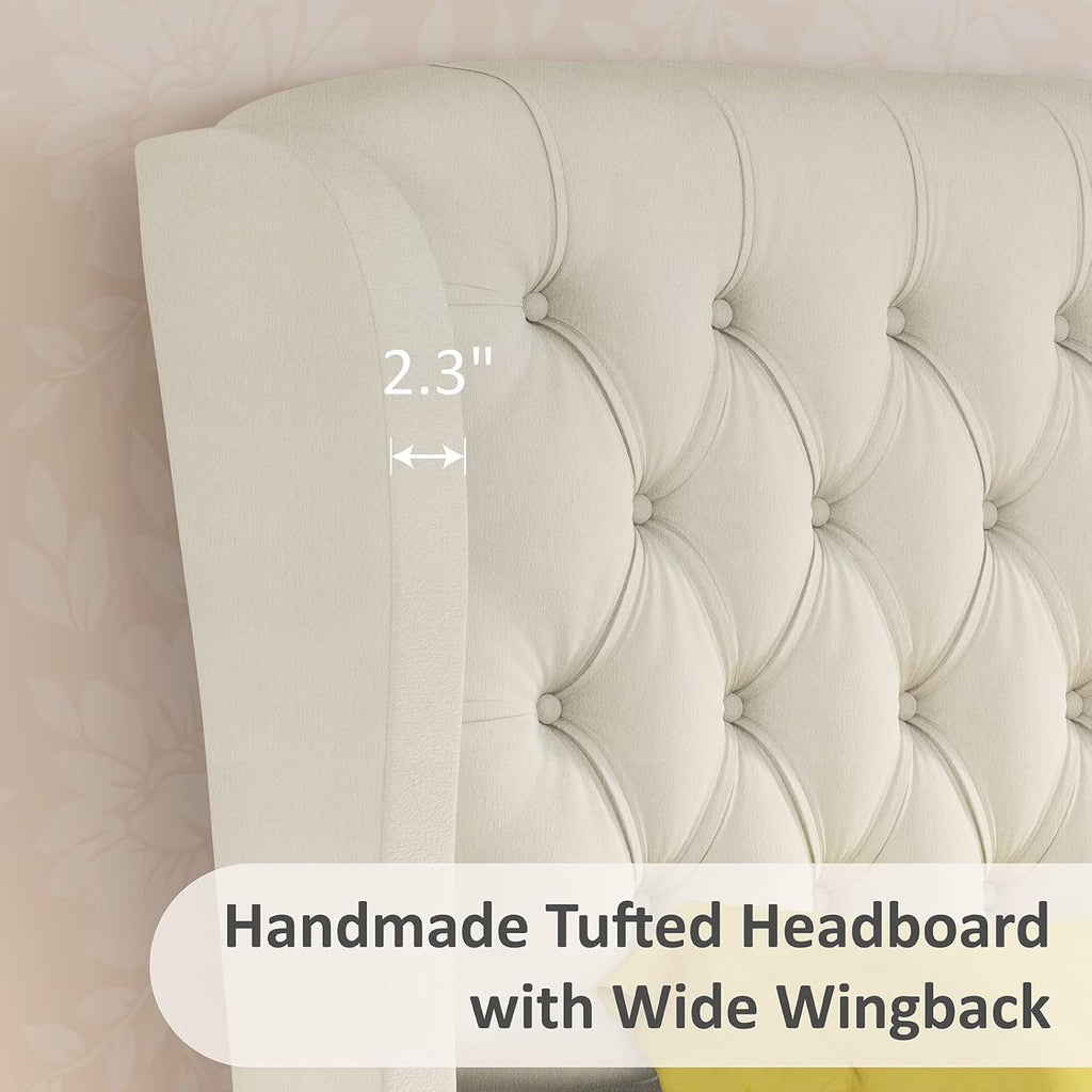 King Size Platform Bed Frame, Chenille Upholstered Sleigh Bed with Curved Headboard & Footboard, Deep Button Tufted, Wood Slats Support, No Box Spring Needed, Cream