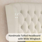 Queen Size Platform Bed Frame, Chenille Upholstered Sleigh Bed with Curved Headboard & Footboard, Deep Button Tufted, Wood Slats Support, No Box Spring Needed, Cream