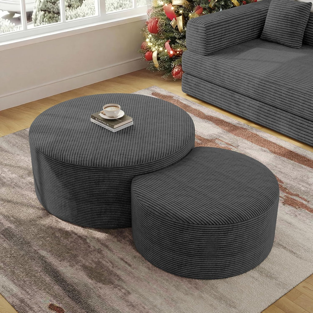 BSHOMGI Nesting Coffee Table Set of 2, Round Corduroy Modular Sectional Sofa Stool Circle Foam Side Table for Living Room, Entryway and Small Spaces No Assembly (Dark Gray, 32"+17")