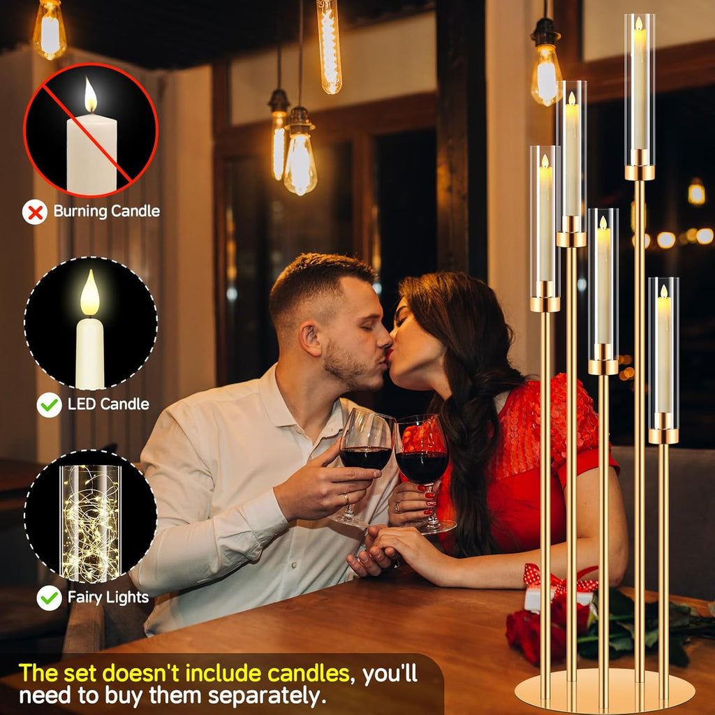 10 Set 5 Arm Golden Candle Holder with Acrylic Lampshade, 41.3'' Tall Candlesticks Holder for Christmas Wedding Housewarming Gift,Metal Candle Holders Candlestick Centerpiece,Fit 0.87'' LED Candle