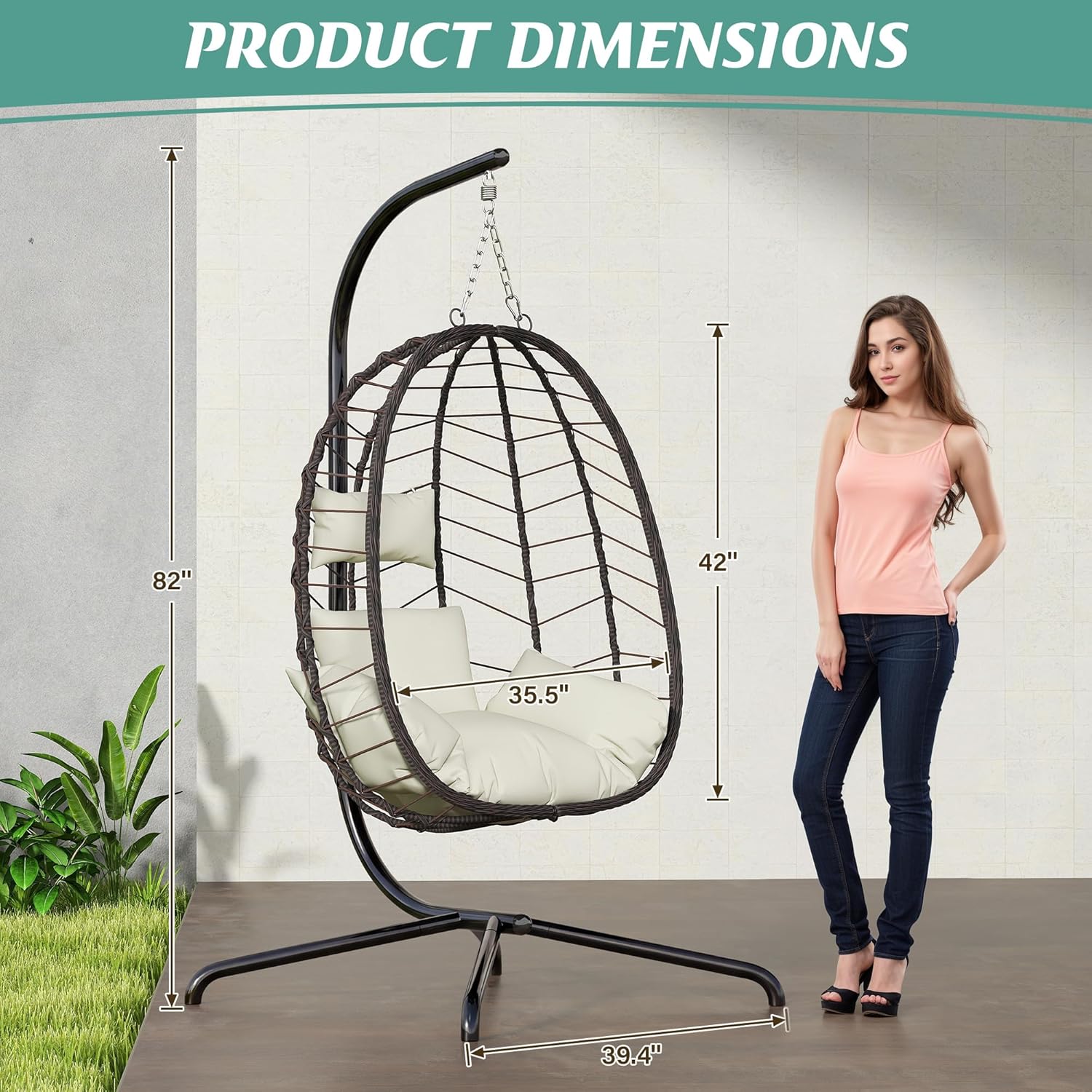 LEX CRAFT Hanging Egg Chair with Stand, Swinging Egg Chair Outdoor Indoor, Hanging Basket Chair with Cushion, Patio Wicker Hammock Chair 350lbs Capacity for Porch, Balcony, Backyard, Garden (Beige)