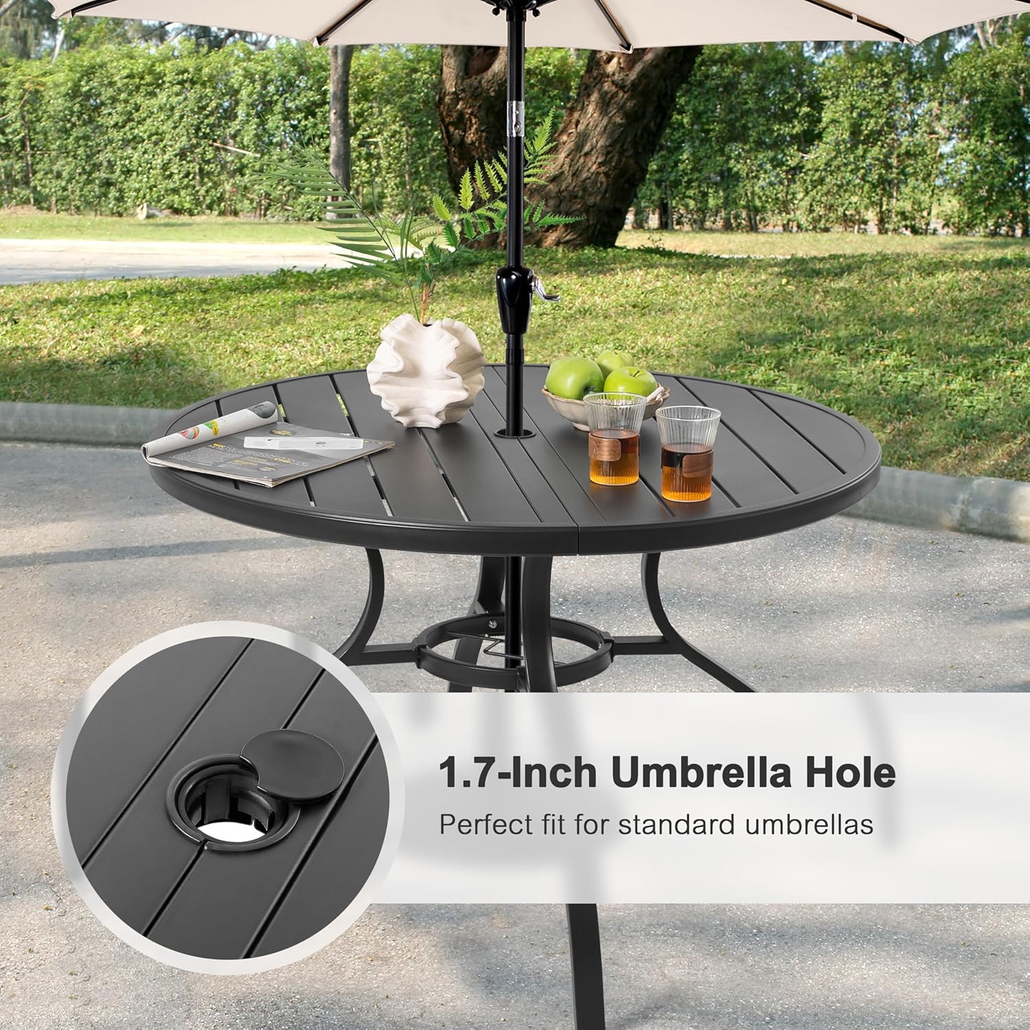 NUU GARDEN 41" Round Metal Outdoor Patio Dining Table for 4, All-Weather Slatted Outdoor Table with 1.57" Umbrella Hole and Adjustable Feet for Lawn Garden Backyard, Black