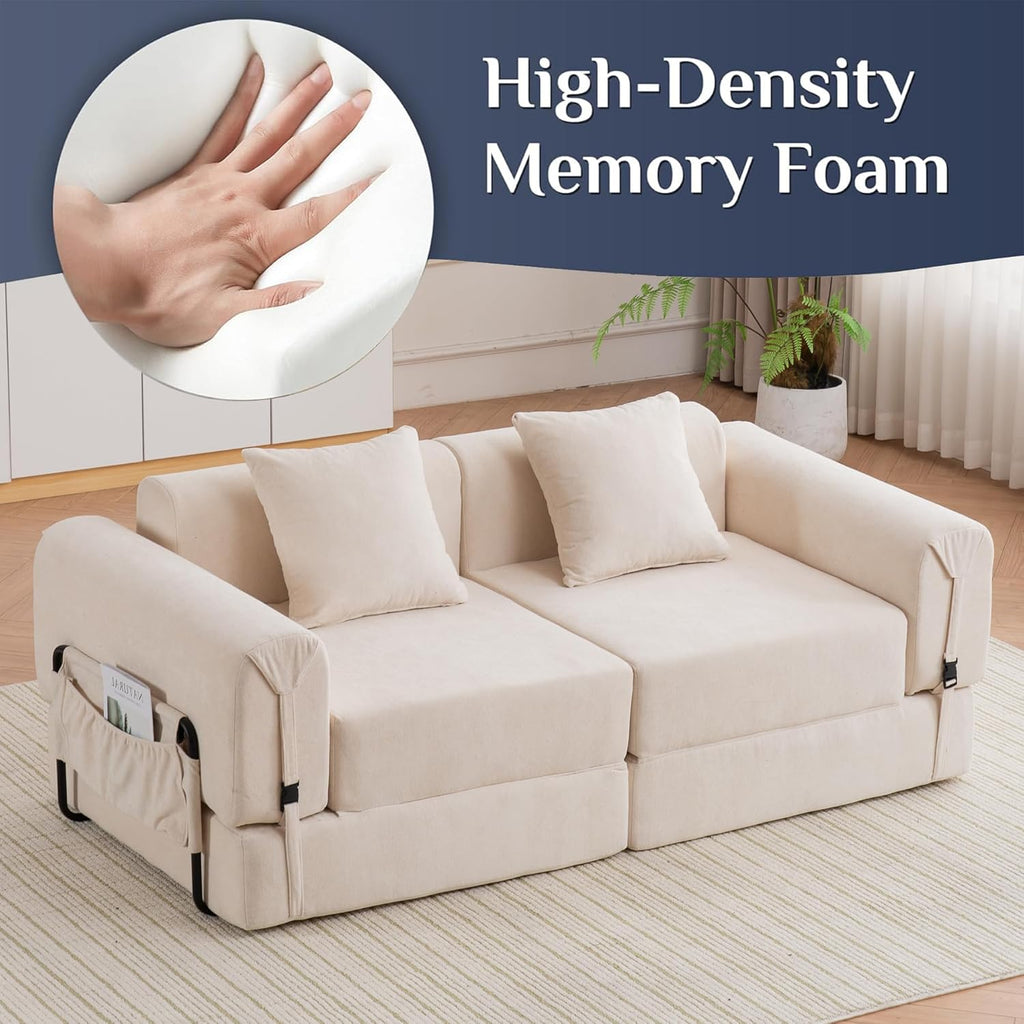 GNIXUU 71.3" Convertible Sleeper Sofa Bed, Modern Convertible Boneless Couch with Foldable/Pull Out Bed, Compressed Modular Futon Couch with Pillows & Storage Pocket for Living Room Bedroom, Beige