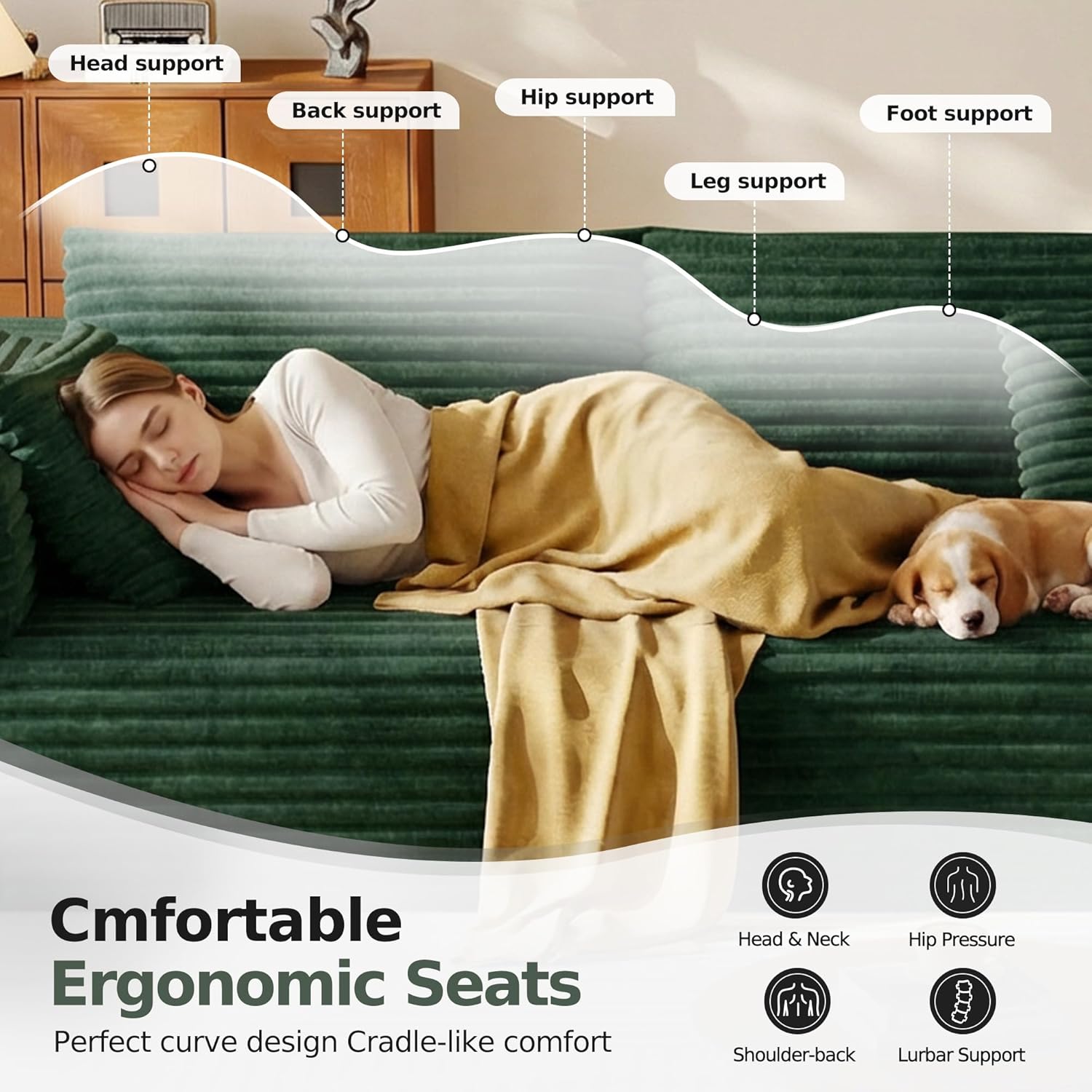 108.2" Modular Sectional Sofa with Deep Seat, Boneless L Shaped Corduroy Couch Modern Comfort, Cloud Couch Oversized for Living Room No Assembly (Right Facing Chaise,Green)