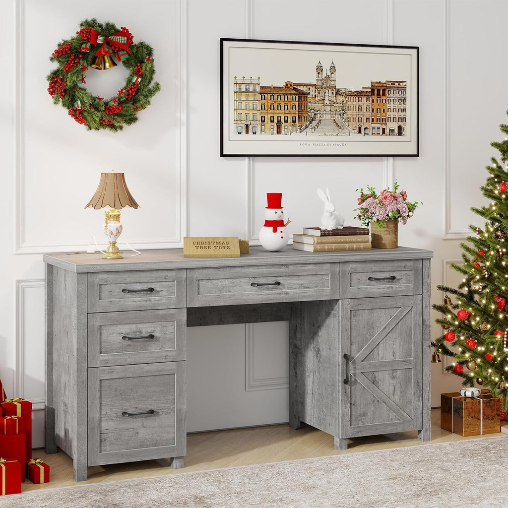Vabches Farmhouse 61'' Executive Desk with 5 Drawers, Rustic Office Desk Computer Desk with Charging Station, File Drawers and Storage Cabinet, Wood Workstation for Home Office and Study,Grey.