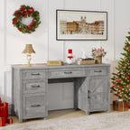 Vabches Farmhouse 61'' Executive Desk with 5 Drawers, Rustic Office Desk Computer Desk with Charging Station, File Drawers and Storage Cabinet, Wood Workstation for Home Office and Study,Grey.