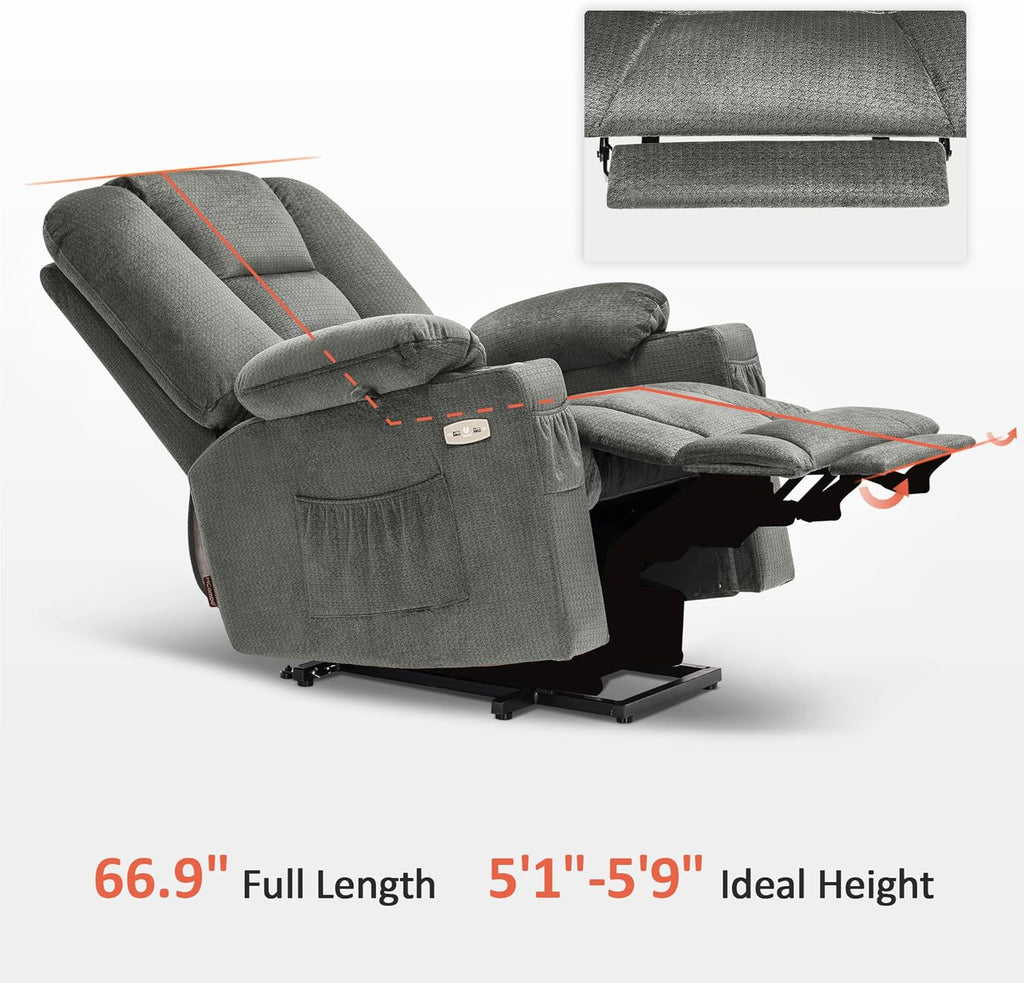MCombo Power Lift Recliner Chair with Massage and Heat for Elderly People, Cup Holders, USB Ports, Side Pockets, Fabric 7529 (Medium, Grey)