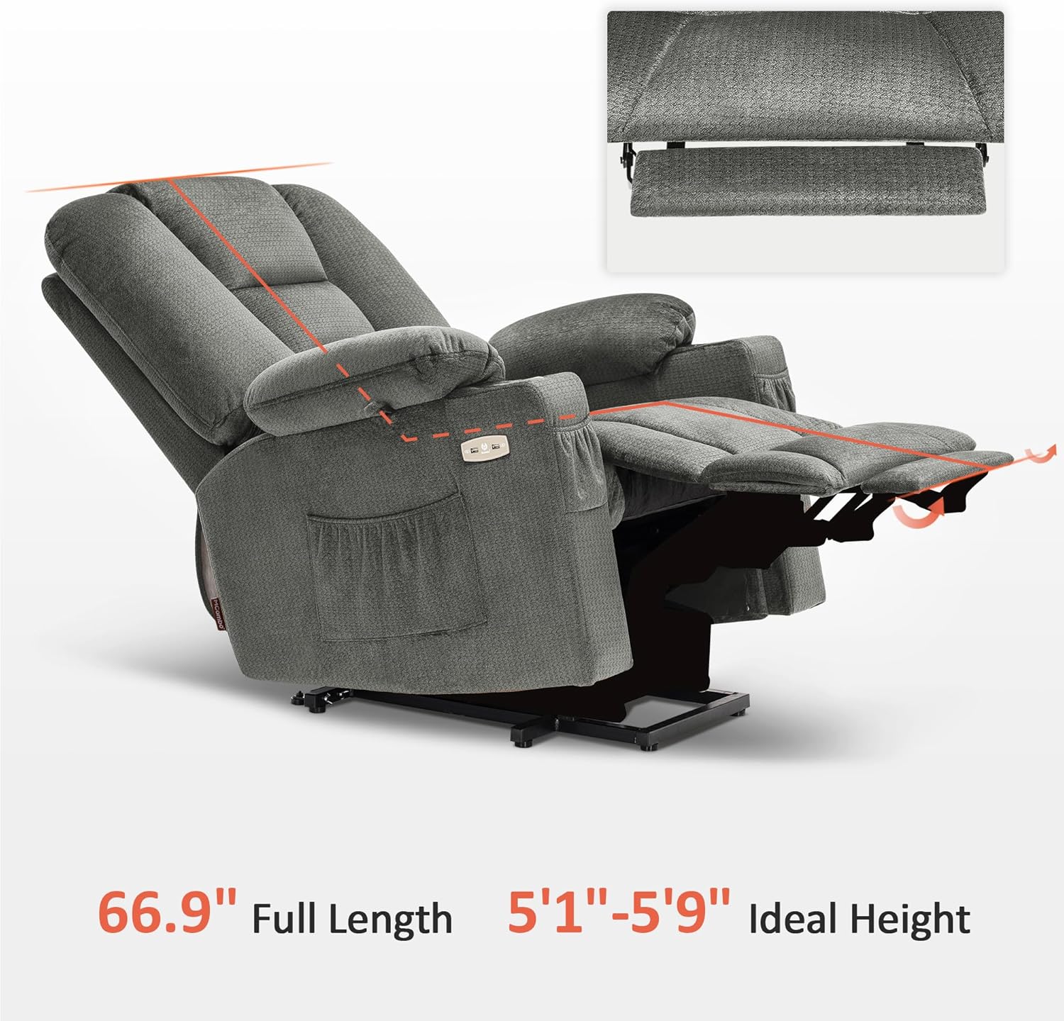 MCombo Power Lift Recliner Chair with Massage and Heat for Elderly People, Cup Holders, USB Ports, Side Pockets, Fabric 7529 (Medium, Grey)