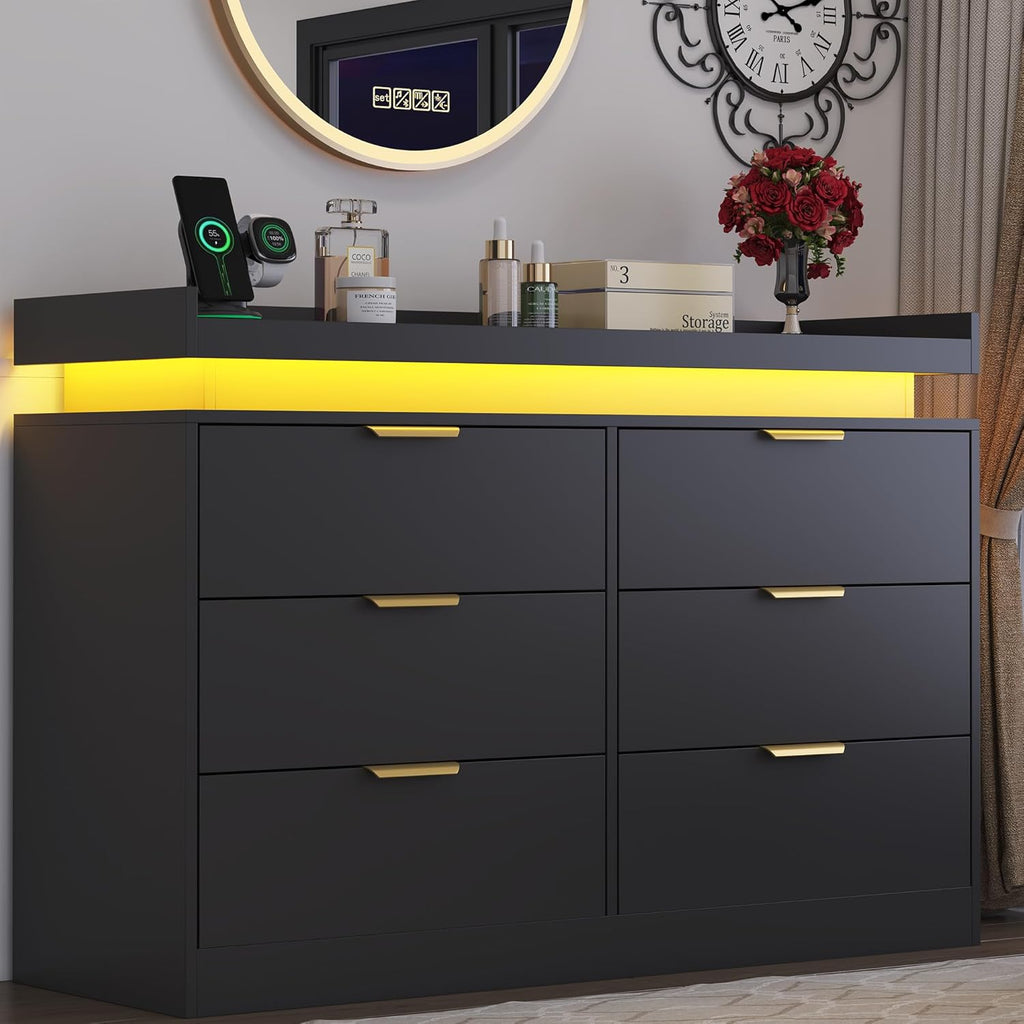 6 Drawer Dresser for Bedroom, Black Dresser with LED Lights and Power Outlet, Wooden Dressers Chests of Drawers, Double Wide Dressers for Bedroom, Entryway, Hallway