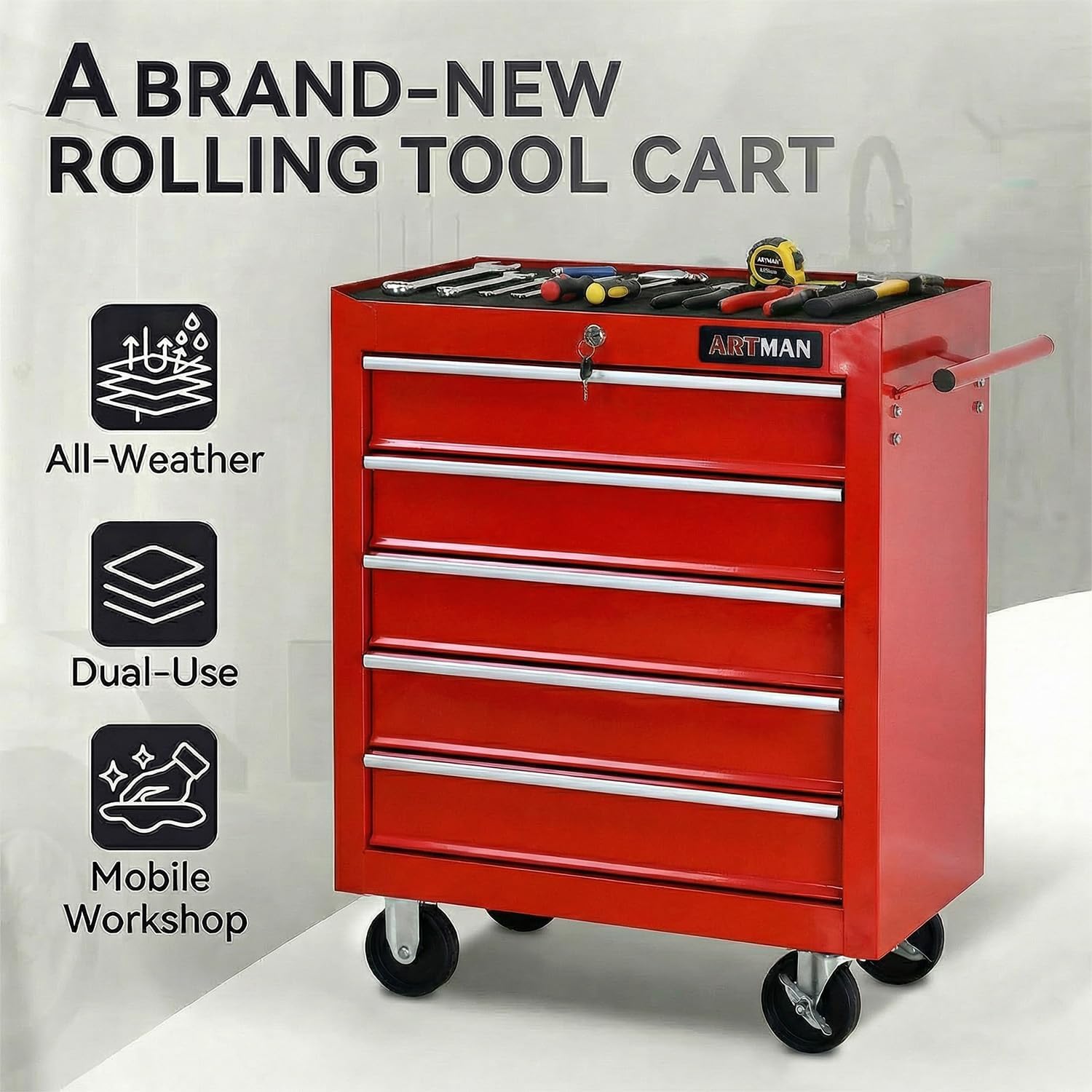 5 Drawers Tool Cart on Wheels, Rolling Tool Chest Tool Storage, Drawers Rolling Tool Trolley Organizer Tool Case for Garage,Warehouse,Workshop,Repair Shop (5 Drawers-Red)