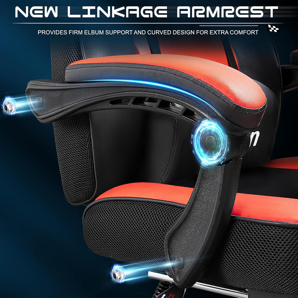 Gaming Chair with Footrest, Video Game Chair for Adults, Big and Tall Computer Chair with Massage Lumbar Support 330lb Weight Capacity, Ergonomic Adjustable Height and 360° Swivel Seat (Red)