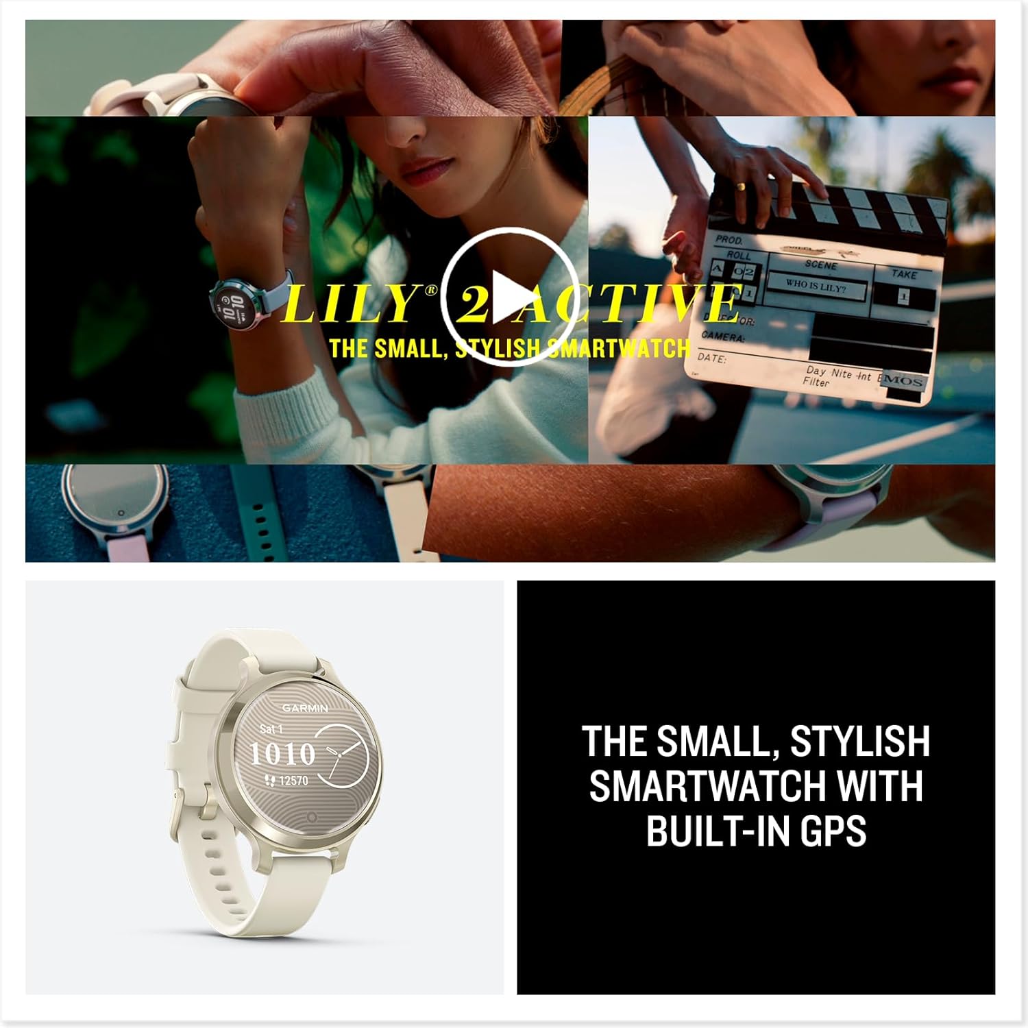 Garmin Lily® 2 Active  Small and Stylish Smartwatch  Built-in GPS  Hidden Display  Patterned Lens  Up to 9 Days Battery Life  Lunar Gold with Bone Silicone Band