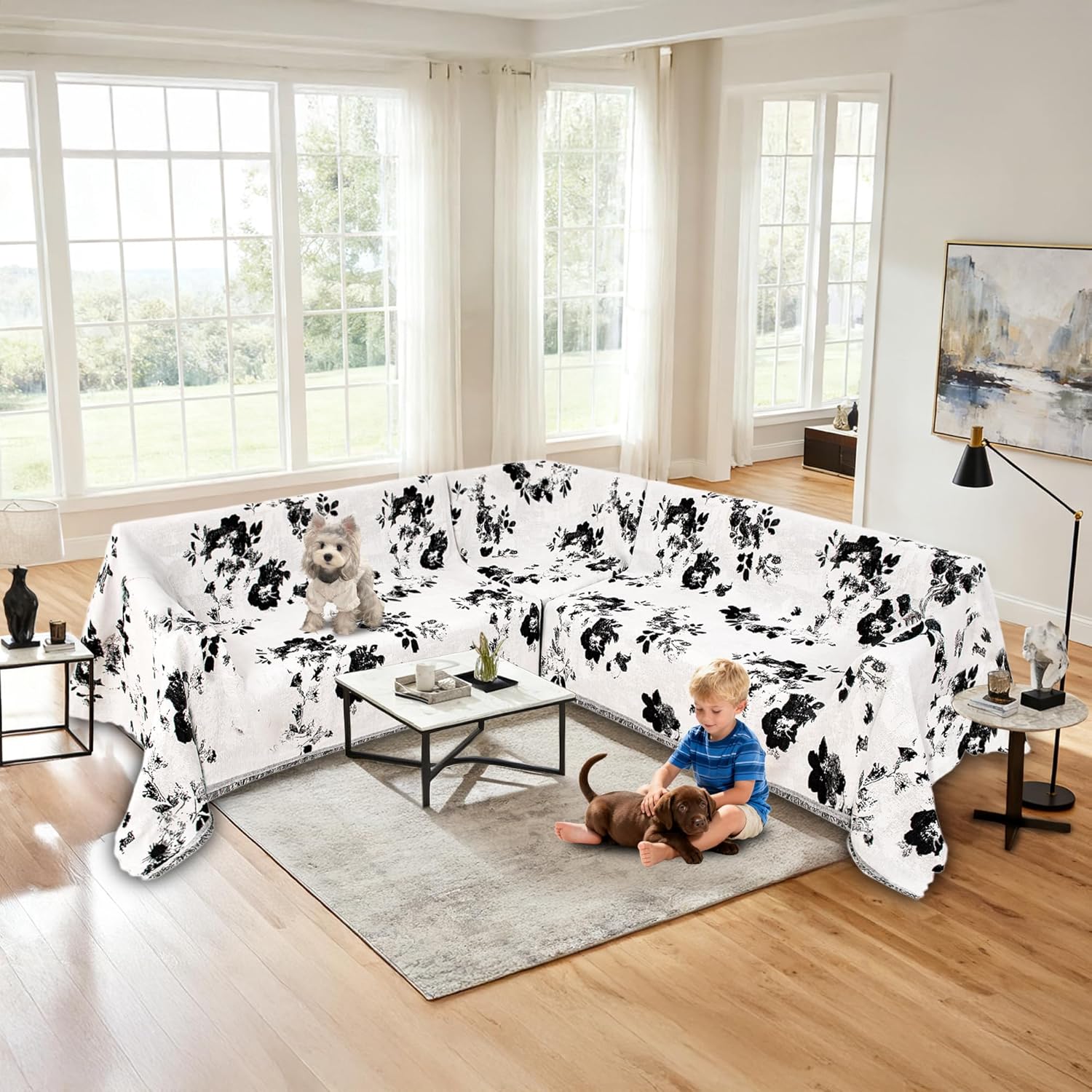 1OO% Waterproof Sectional Couch Covers for Dogs L Shaped Corner Sofa Cover Washable Chenille Sofa Slipcovers Blanket Modern Jacquard Pet Furniture Protector (91"x252", Black Flower)