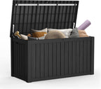 Mars Villa 150 Gallon Outdoor Storage Box, Large Resin Deck Box, Waterproof Storage Bin with Lockable Lid, Ideal for, Outdoor, Patio Furniture Cushions, Pool Supplies, Garden Tools, Black