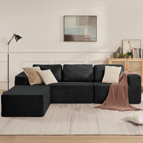 106" Cloud Sectional Couch, Left/Right Facing Convertible Sofa with Deep Seat, L-Shape Modular Upholstered Foam Couch for Living Room Bedroom, No Assembly Required (Corduroy Fabric, Black)