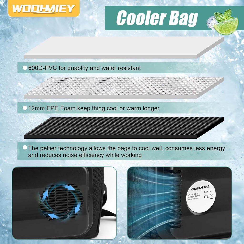 15L Portable Electric Cooler Bag,Car Cooler Watertight Liner Bag, Soft Sided Thermoelectric Travel Cooler with Shoulder Strap, Storage Pocket & DC 12V Plug in for