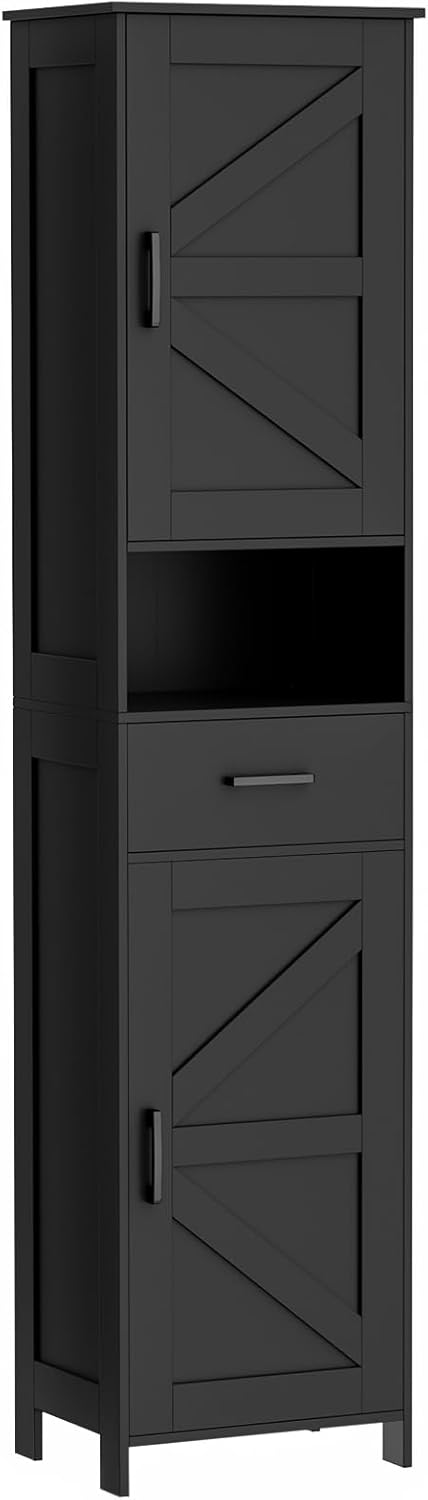 Homhedy 67" H Tall Bathroom Storage Cabinet with 2 Barn Doors and 1 Drawer, Narrow Storage Unit, Adjustable Shelves, Floor Cabinet for Bathroom, Living Room, Entryway, Kitchen, Black, (15.7" W)