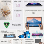 HUIHUANG 10.1 Inch Tablet, Android 15 Tablets 12GB(4+8) RAM / 64GB ROM / 1TB SD Card Expansion, 1280x800 IPS HD Touchscreen, 6000mAh Battery, Bluetooth 5.0, Dual Cameras, GMS, Dual Band WiFi, Black